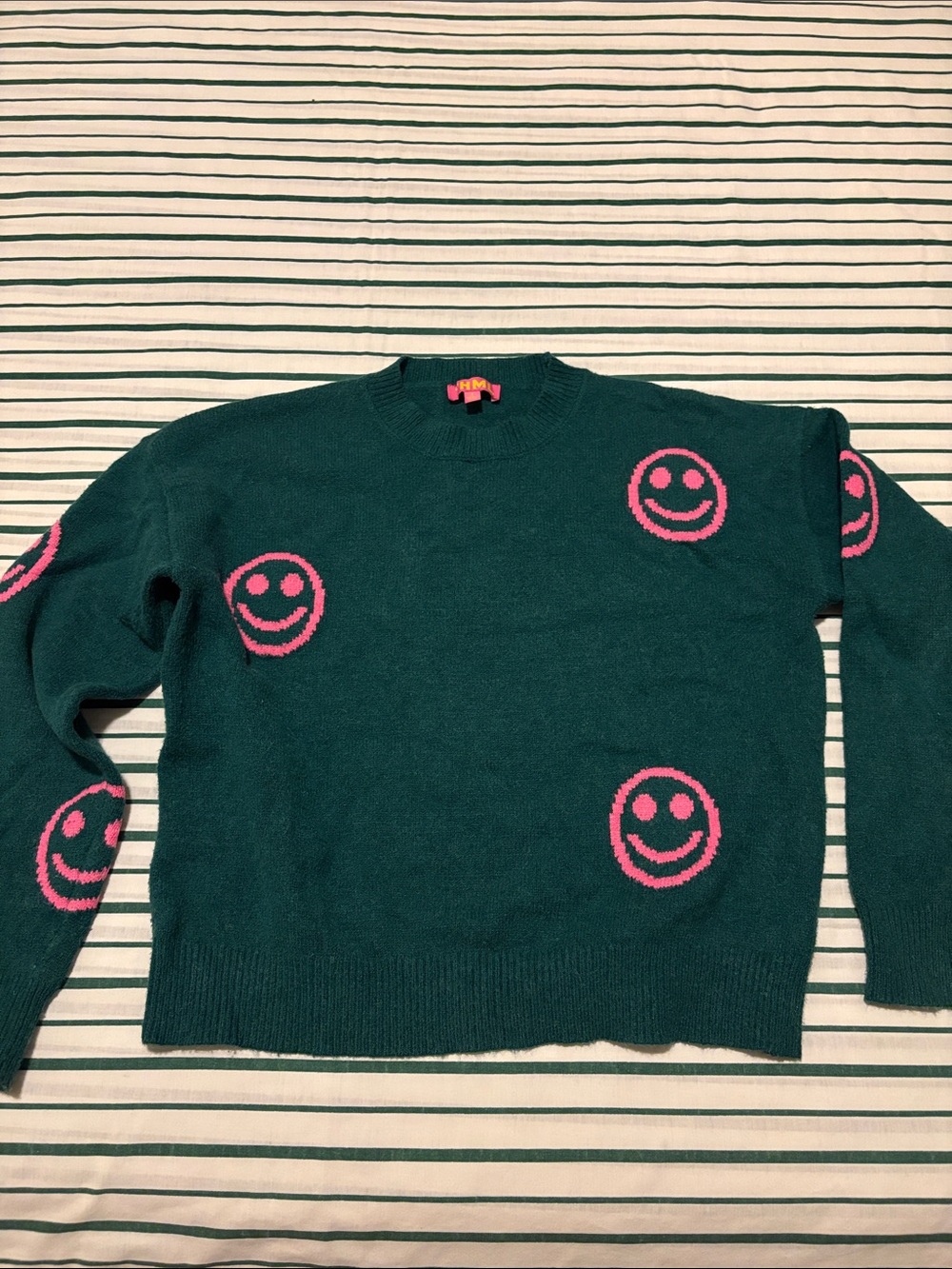 THML Teal Crewneck Sweater with Pink Smiley Faces